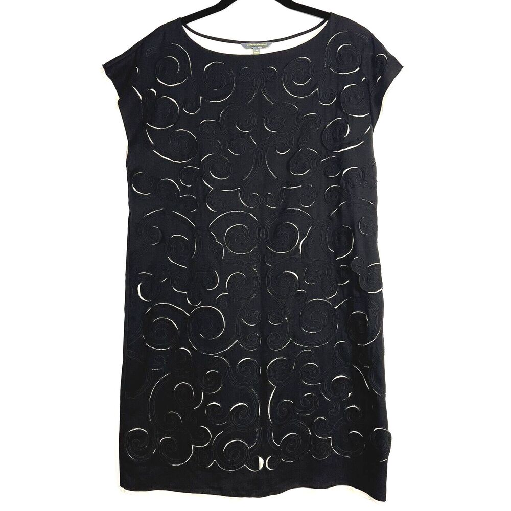 Catherine Malandrino Dress M Black Ivory Scroll Cutout Shift Cap Sleeve Art Deco